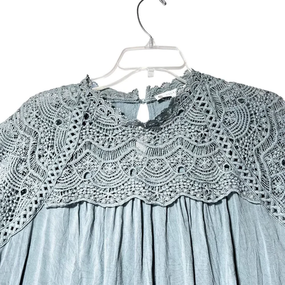 FSL Apparel Green Crochet Lace Yoke Sleeveless Tunic Blouse Top Button Closure - Picture 2 of 12